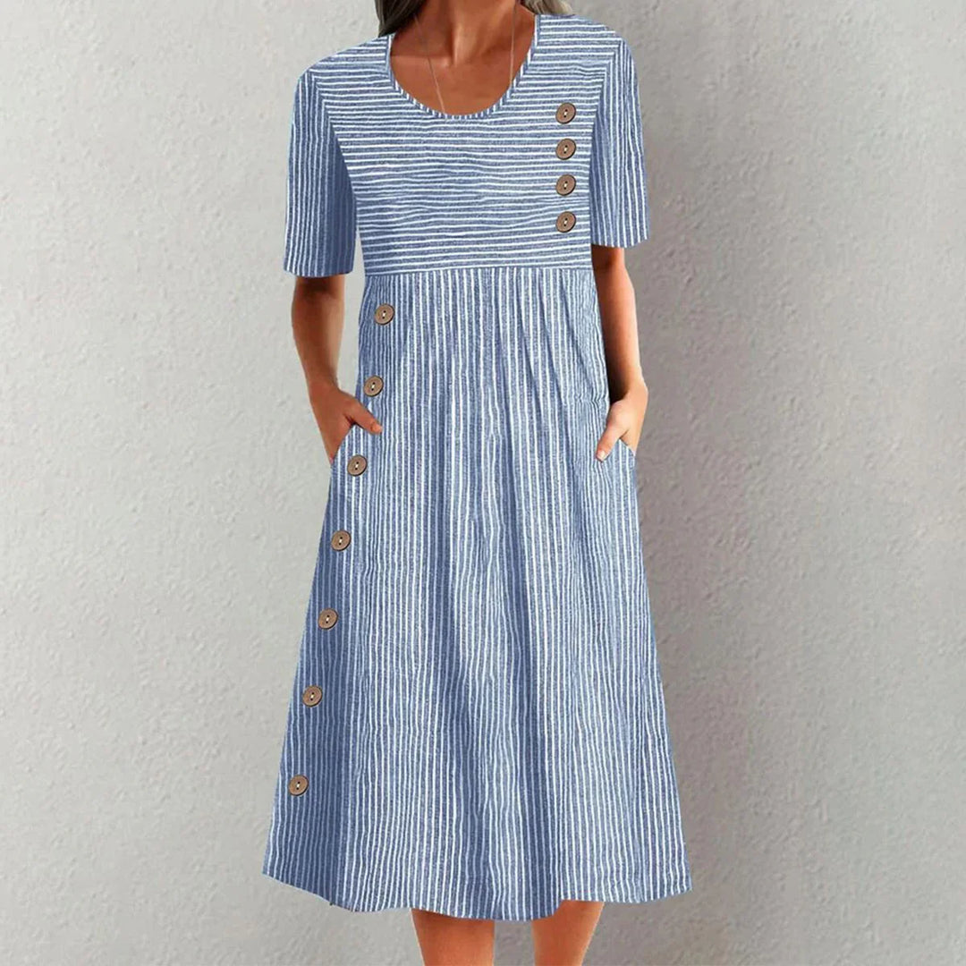 Bleu gestreiftes Kurzarm und kurze Schnitt Midi-Kleid für Damen