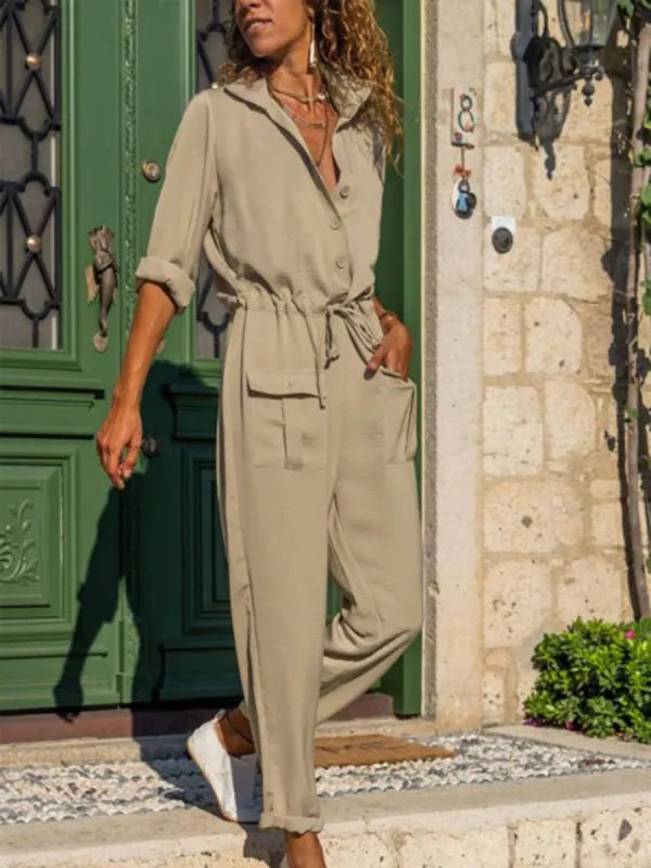 Kaki Jumpsuit mit langen Ärmeln