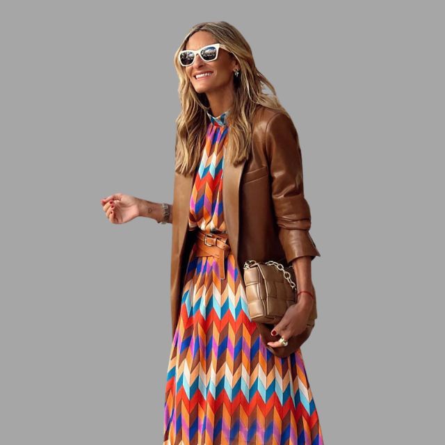 Laurine | Robe Midi Multicolore avec Motif Chevron