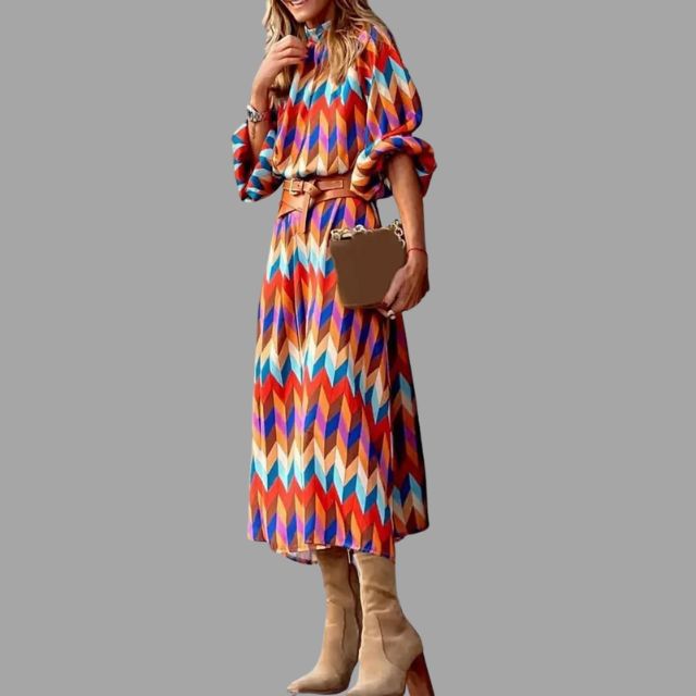 Laurine | Robe Midi Multicolore avec Motif Chevron