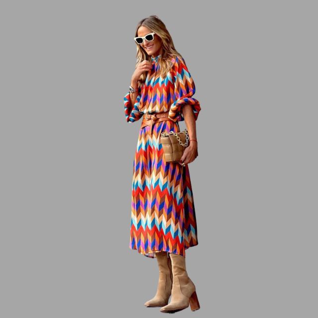 Laurine | Robe Midi Multicolore avec Motif Chevron