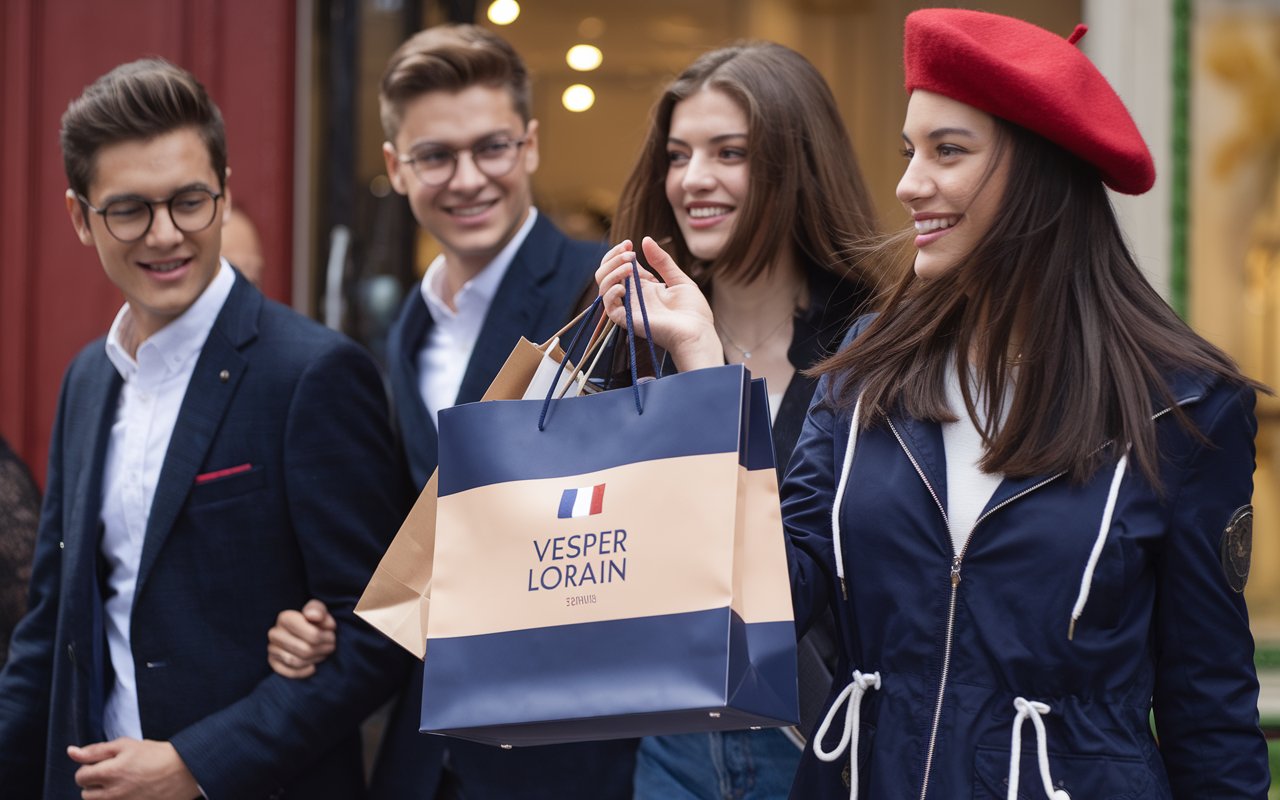 Deux hommes et deux femmes dans une rue commerçante française, souriant et tenant un sac de shopping Vesper Lorain